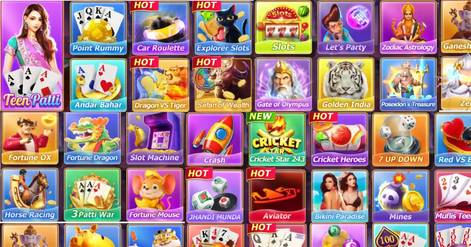 Teen Patti Master game lobby with games like Teen Patti, Rummy, Roulette, Andar Bahar, Dragon vs Tiger, and more.