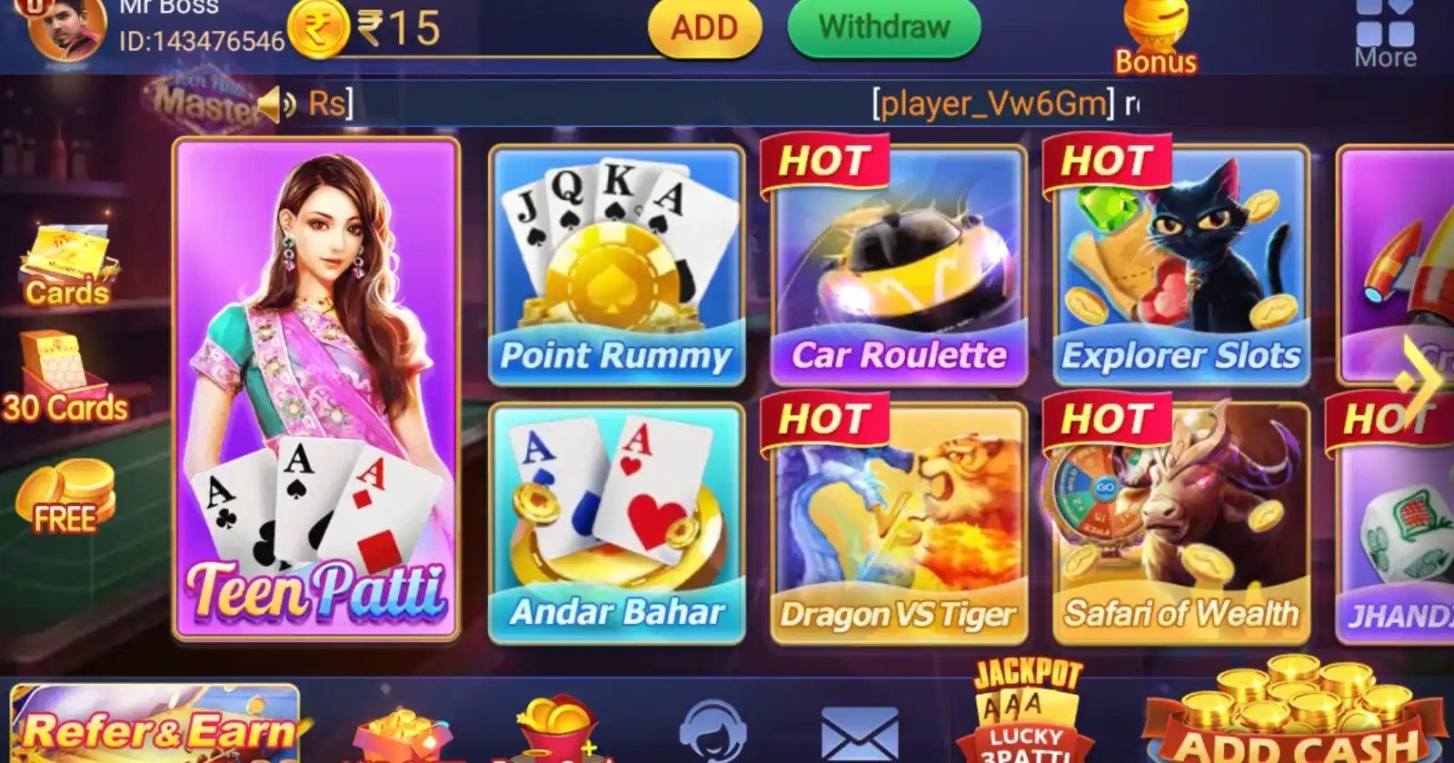 Teen Patti Master game menu featuring various game modes like Point Rummy, Andar Bahar, and Explorer Slots.