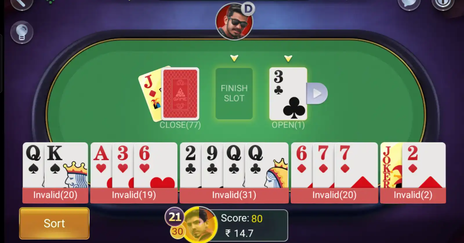 Rummy game screenshot with player cards, score details, and gameplay instructions.