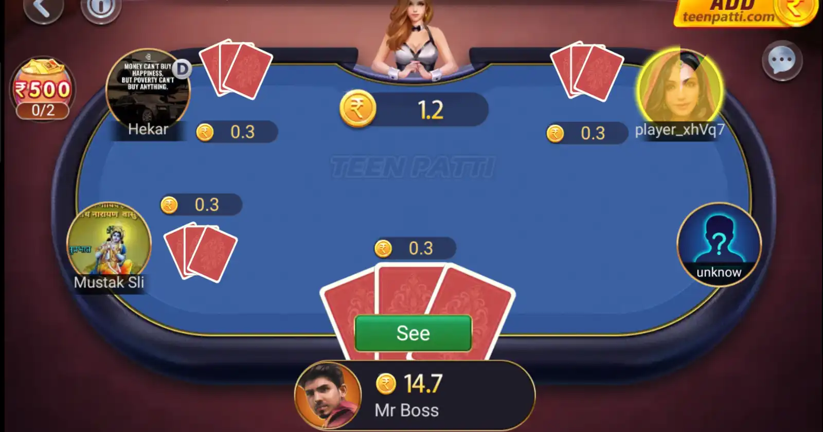 Teen Patti game table showing multiple players with coin balance and cards during gameplay.