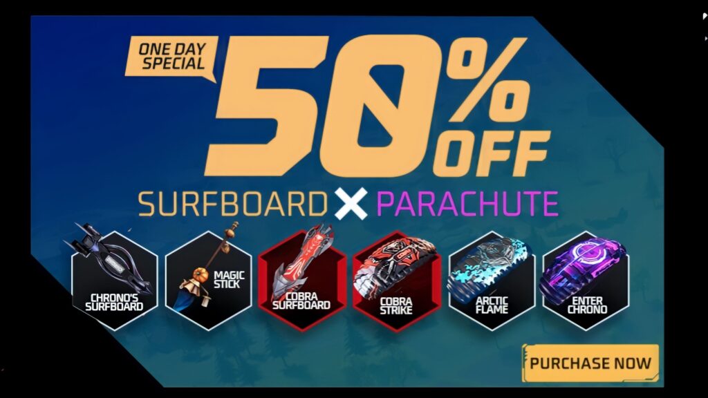 Free fire max surfbord and Parachute