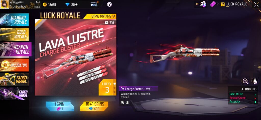 Charge Buster Lava Lustre gun skin in free fire max