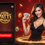 a woman with cards, mobile displaying the game, gold coins, and a teen patti master Download Now button.